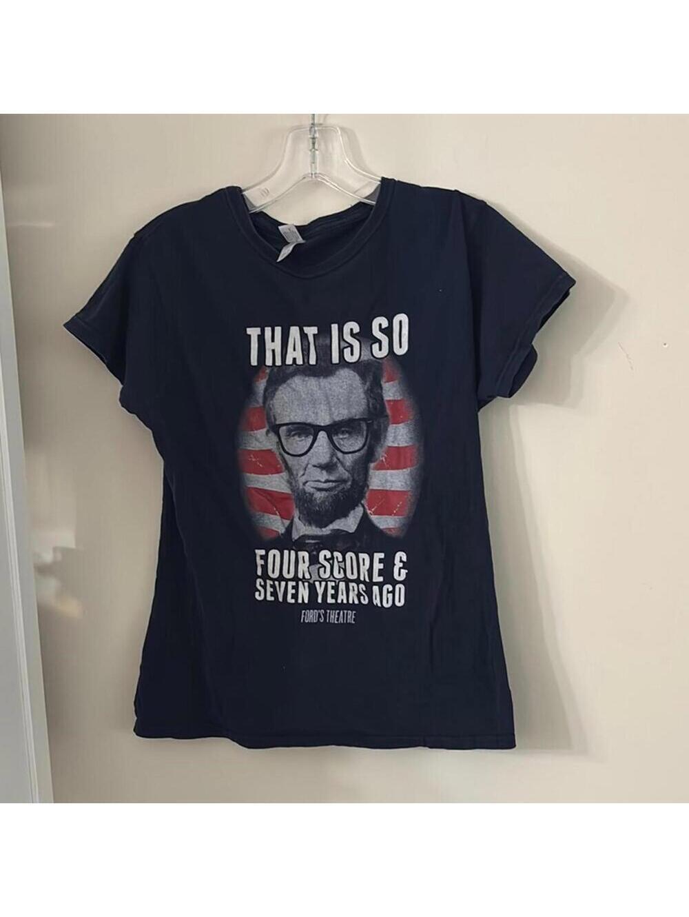 Navy American Abe Lincoln Graphic Patriotic 4th of July Shirt Top Festive USA